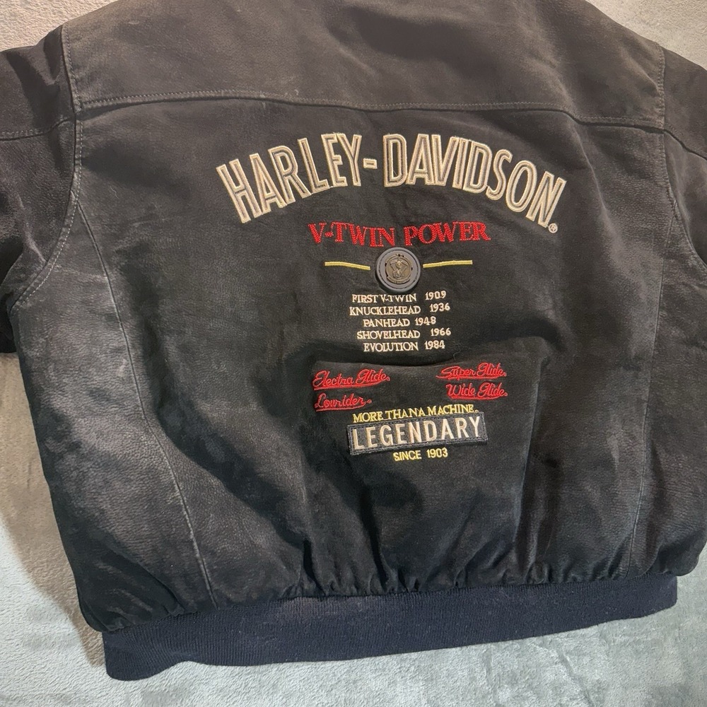 Harley-Davidson Suede Bomber Jacket V-Twin Power Patch Black XXL Vintage - Picture 15 of 16